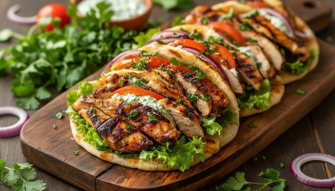 Close-up of an authentic Greek chicken gyro in pita bread with tzatziki.