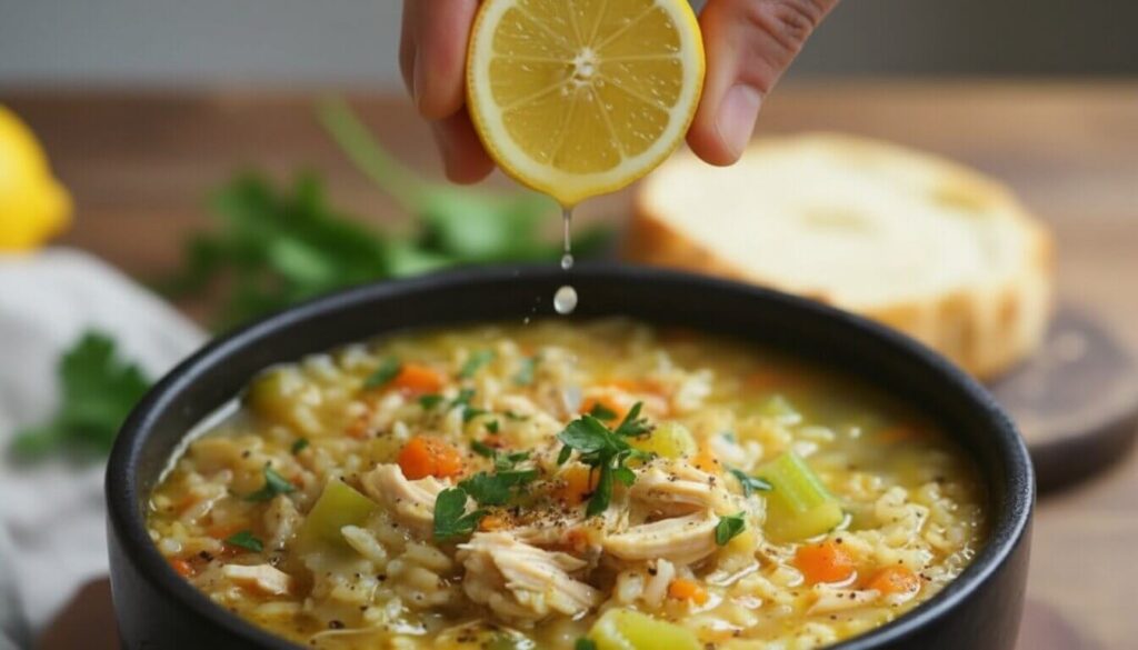Adding fresh lemon juice to a bowl of chicken and rice soup.
