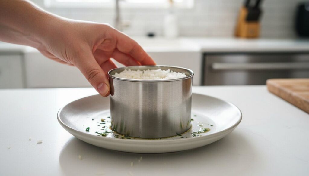 How to use a ring mold to stack rice for a shrimp bowl.