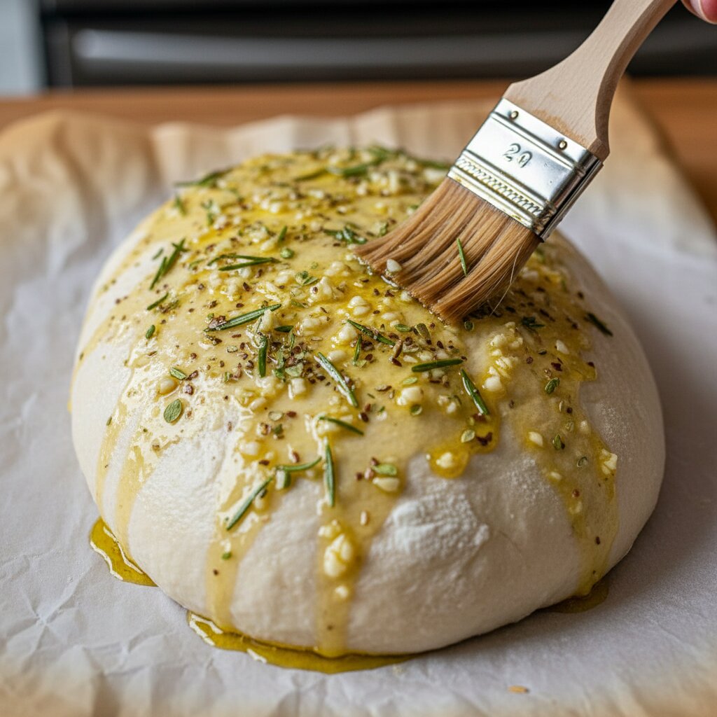 Brushing garlic and herb olive oil onto raw no knead bread dough.