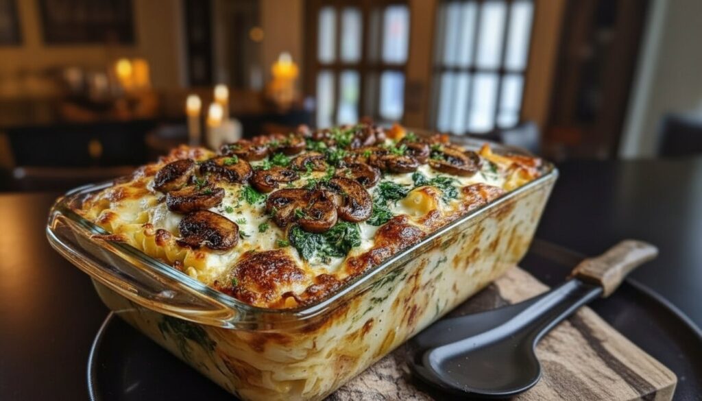 Freshly baked vegetarian mushroom and spinach lasagna in a white dish.