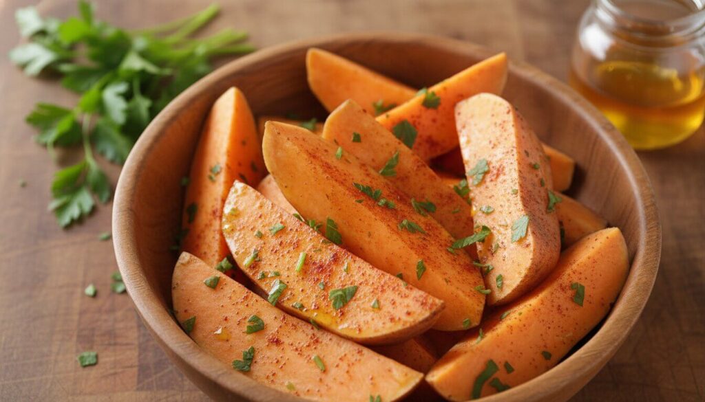 Raw sweet potato wedges seasoned with olive oil and paprika in a wooden bowl.
