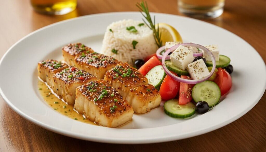 A complete Mediterranean meal featuring honey-lime fish, Greek salad, and rice.