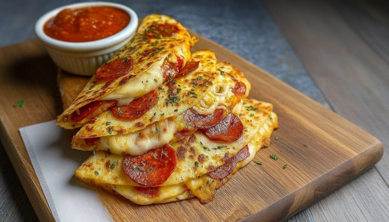 Close up of a pepperoni pizza quesadilla cheese pull on a white marble surface.