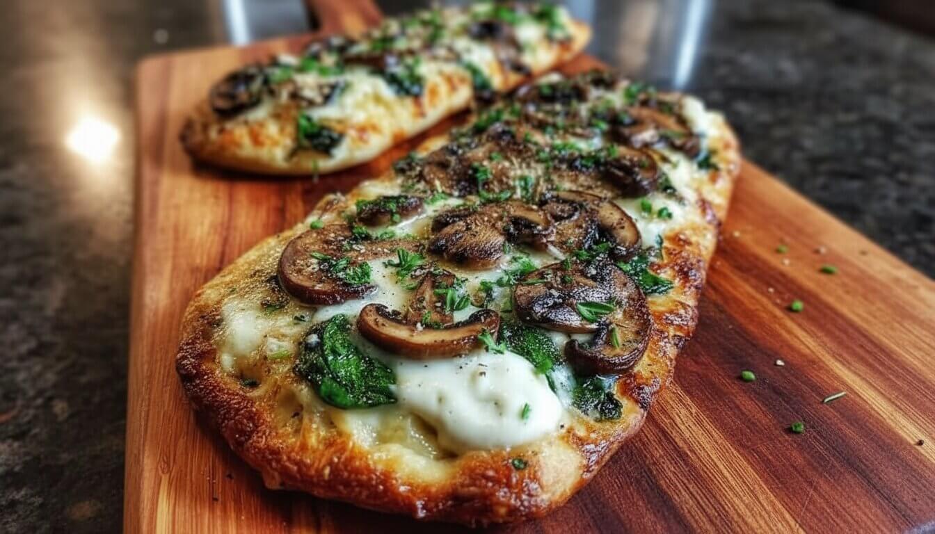 Finished Spinach, Mushroom and Brie Flatbread with Garlic Cream.