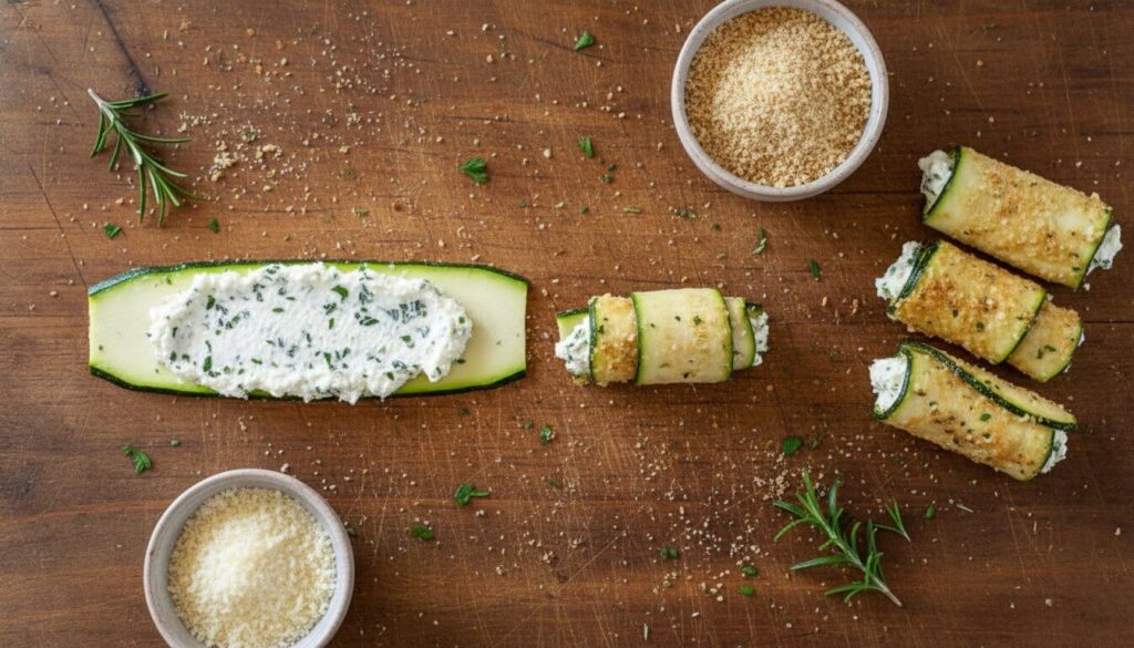 Assembling and breading ricotta zucchini roll ups.