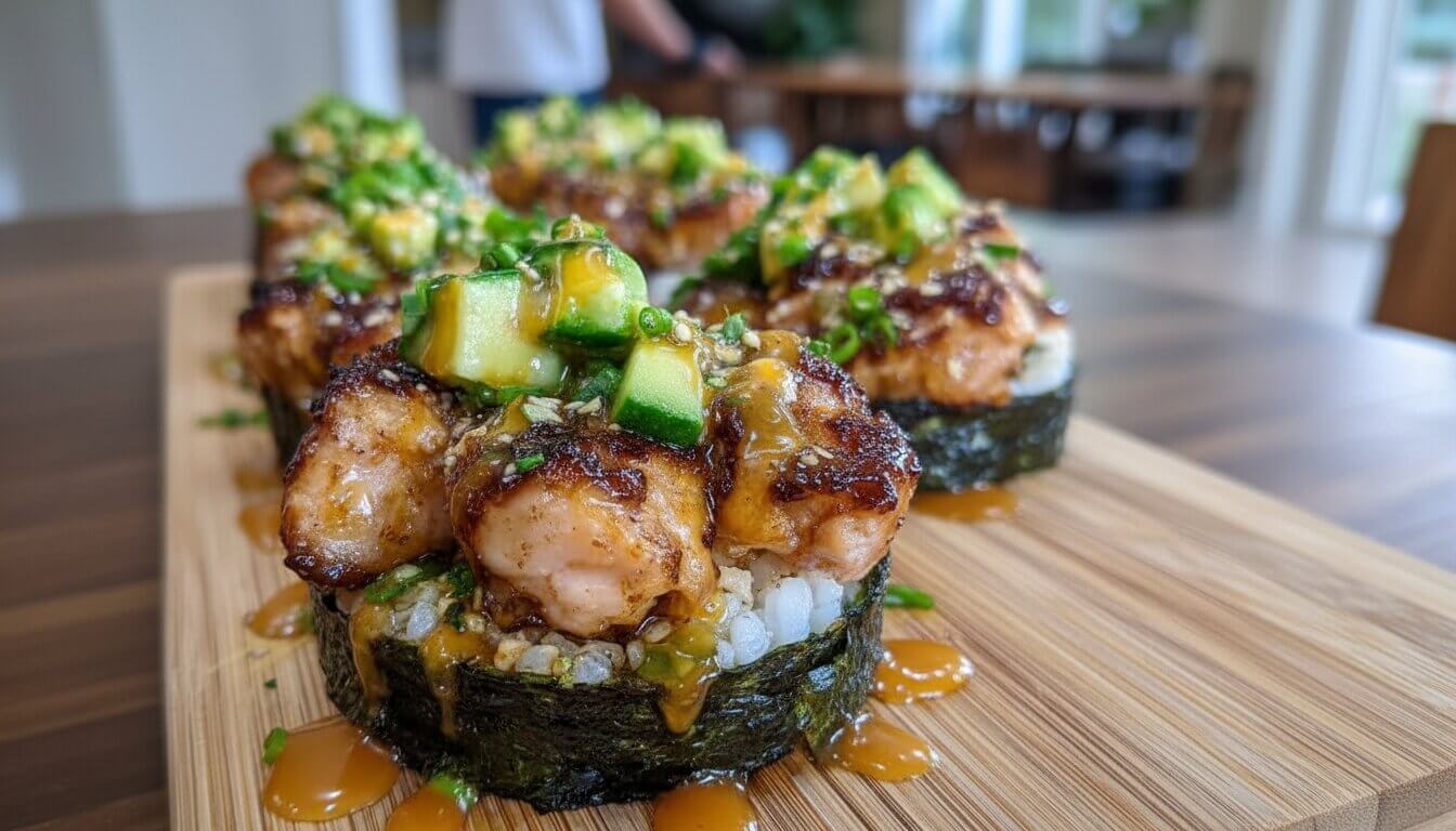 Baked Salmon Sushi Cups on a wooden board with avocado and spicy mayo.