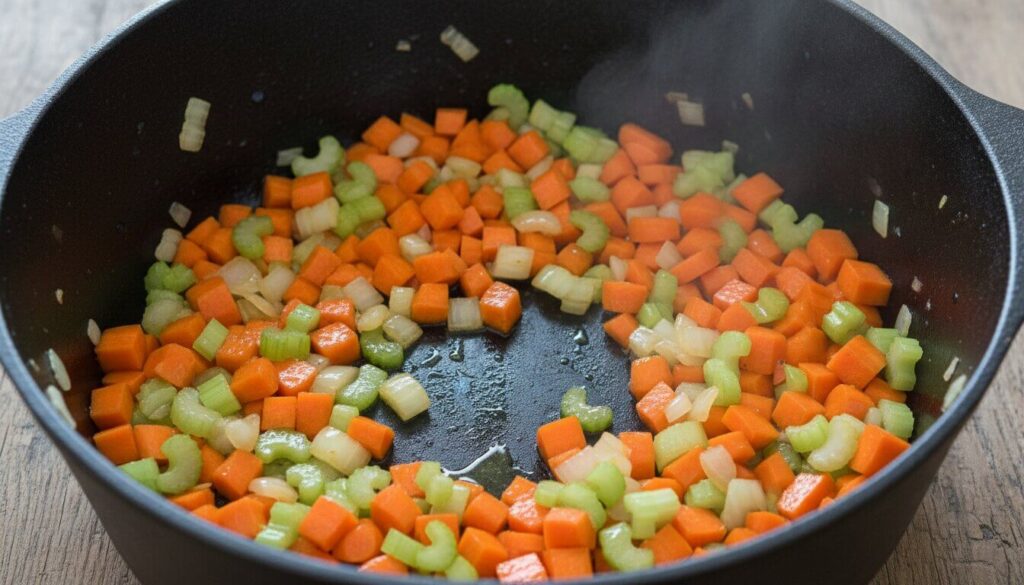Sautéing onions, carrots, and celery in a pot for chicken and rice soup.