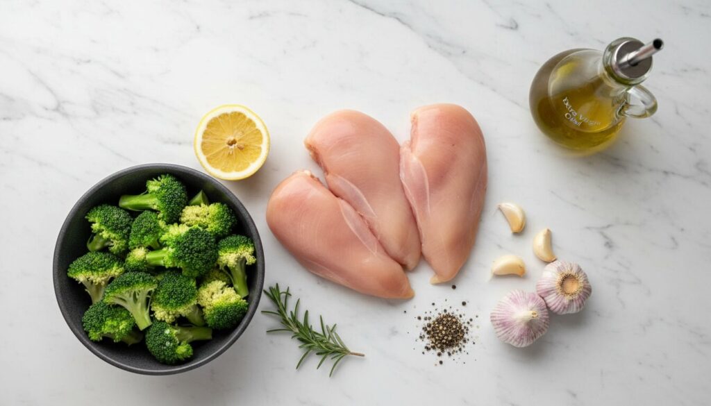 Fresh ingredients for a Mediterranean chicken broccoli meal prep bowl.