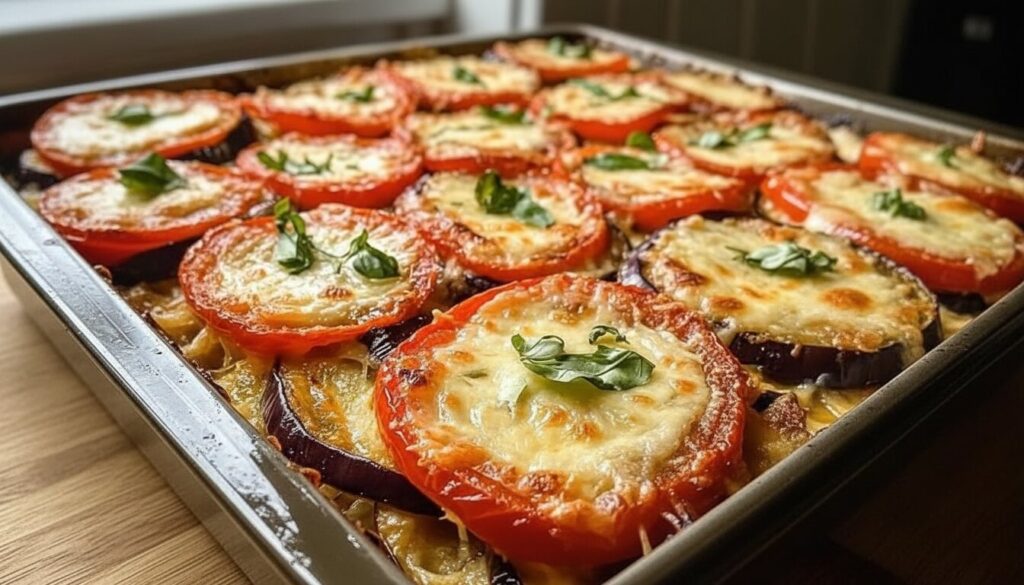 Healthy Baked Eggplant Casserole with tomato sauce and basil.