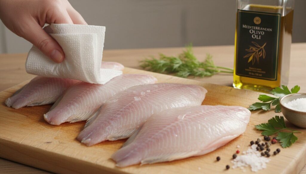 Preparing raw tilapia fillets for searing by drying with paper towels.