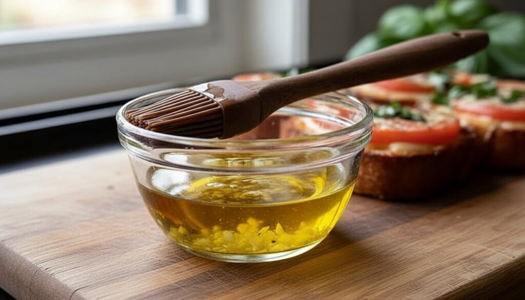 Minced garlic and extra virgin olive oil for Mediterranean garlic bread.