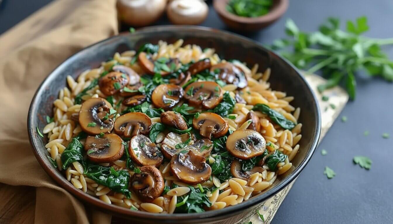 Close-up of spinach mushroom orzo in a ceramic bowl with browned mushrooms and parsley.