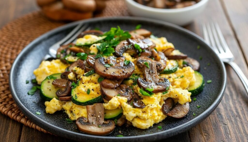 Veggie packed zucchini and mushroom scramble