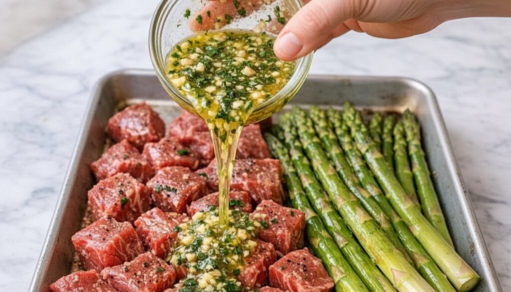 Top-down view of Garlic Butter Steak and Asparagus in a skillet.