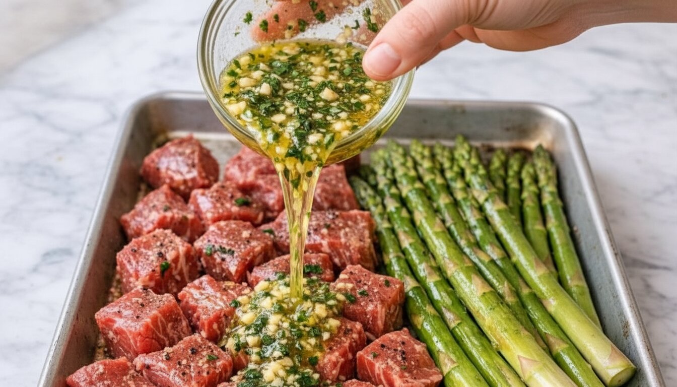 Top-down view of Garlic Butter Steak and Asparagus in a skillet.