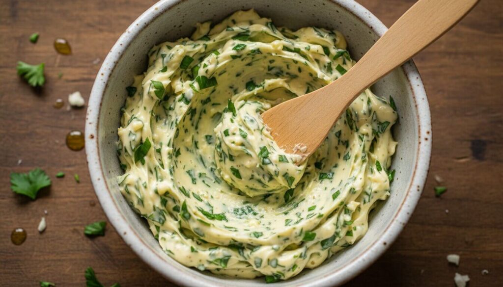 Homemade garlic herb butter with fresh parsley and minced garlic in a bowl.
