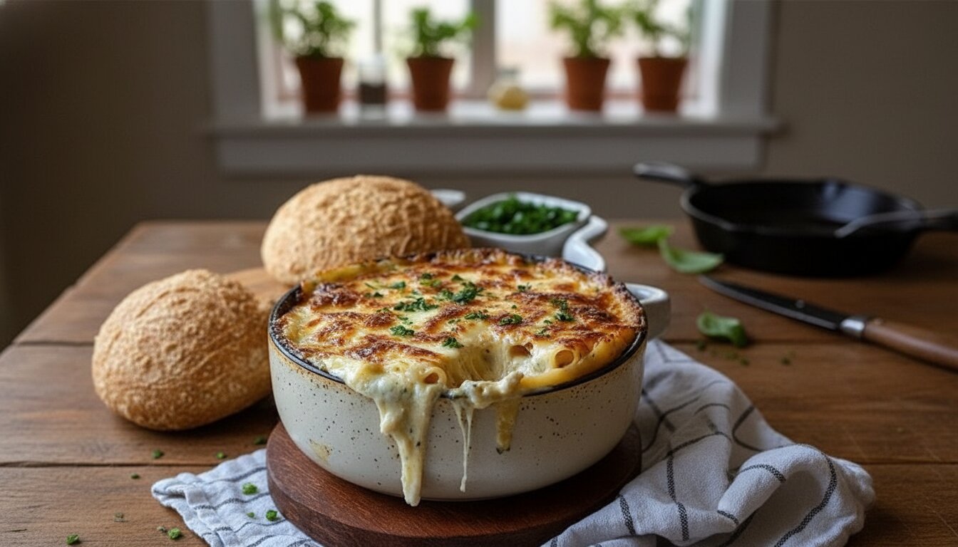 Mediterranean cheesy baked pasta with melted mozzarella and basil garnish.