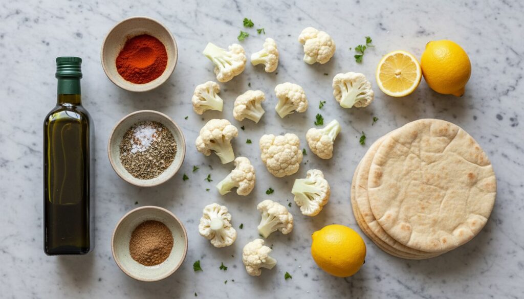 Ingredients for Mediterranean cauliflower pita wraps including spices and fresh produce.