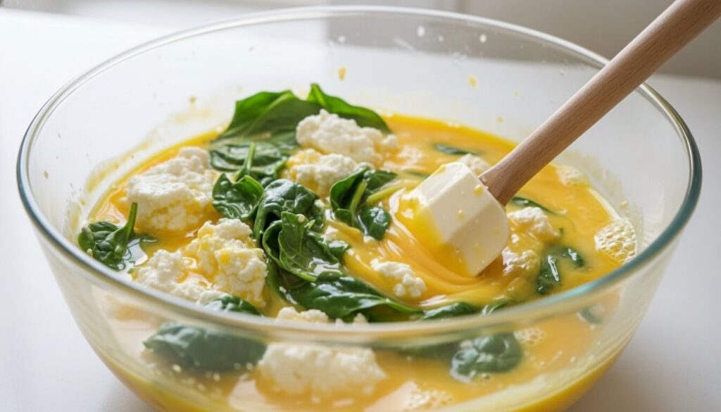 Mixing egg, ricotta, and spinach batter in a glass bowl.