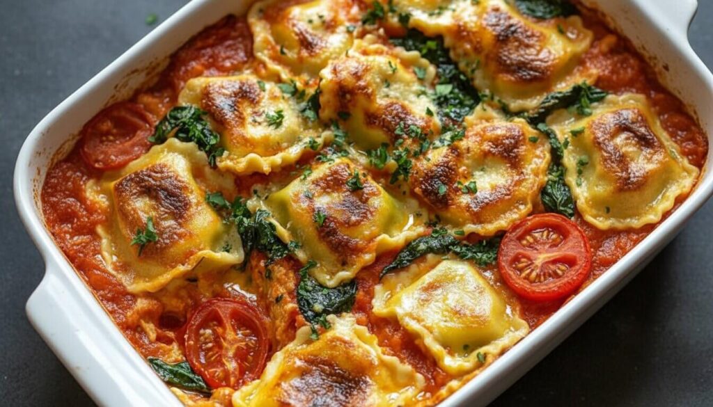 Close up of cheesy Tomato Spinach Ravioli Bake with golden bubbly mozzarella and fresh basil.