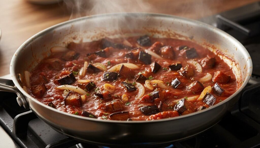 Sautéing the filling for healthy eggplant parmesan boats in a skillet.