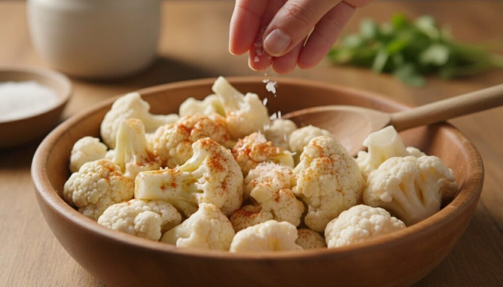 Tossing raw cauliflower in a bowl with olive oil and Mediterranean spices.