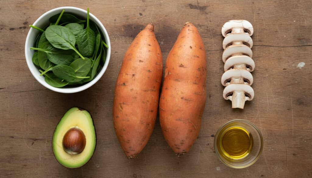 Raw ingredients for healthy stuffed sweet potato recipe including avocado and spinach.