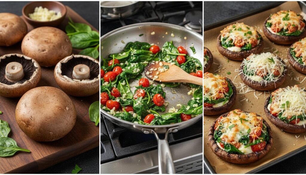 Step by step guide on how to make stuffed portobello mushrooms in the oven.