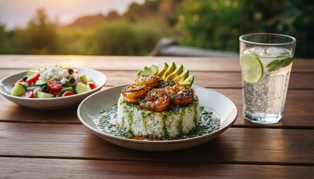 Mediterranean-style healthy shrimp bowl served outdoors.