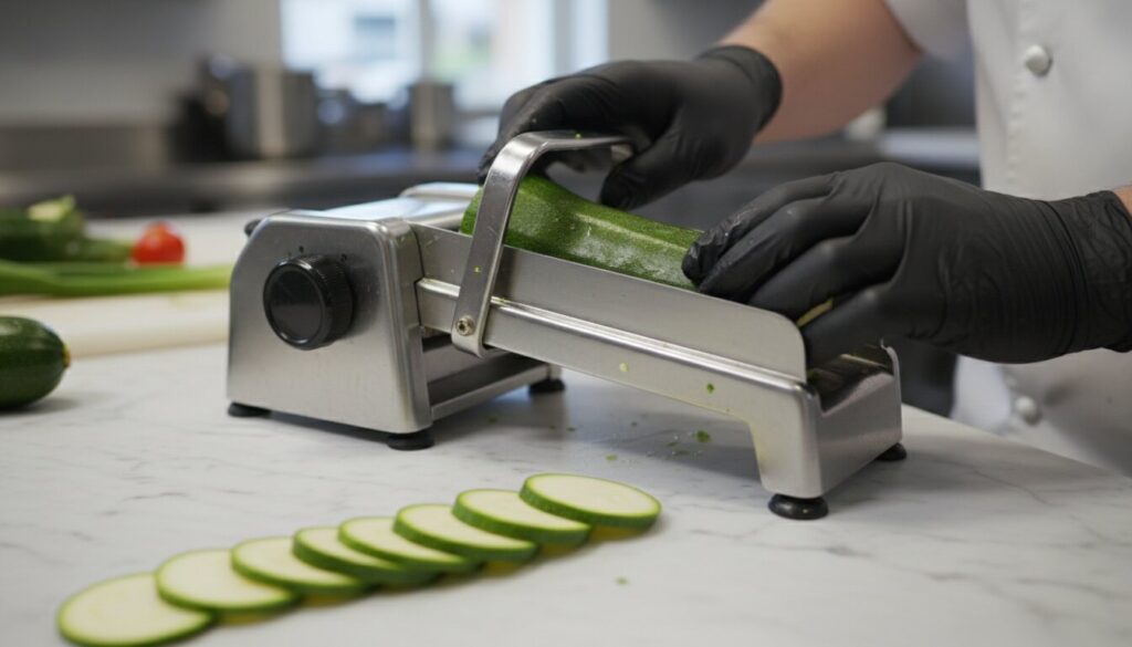 slicing zucchini for vegetable tian recipe