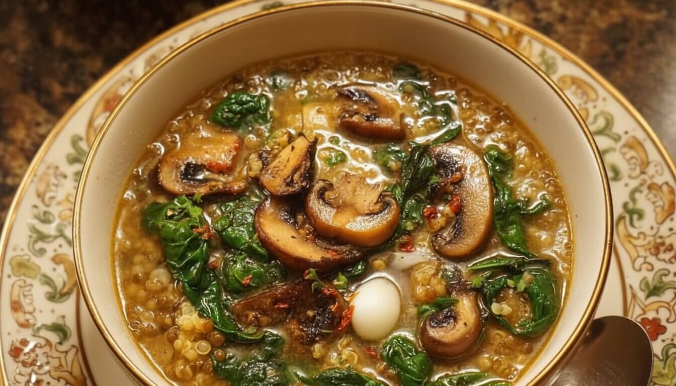 Top-down view of Mediterranean quinoa mushroom soup with spinach and a runny poached egg.