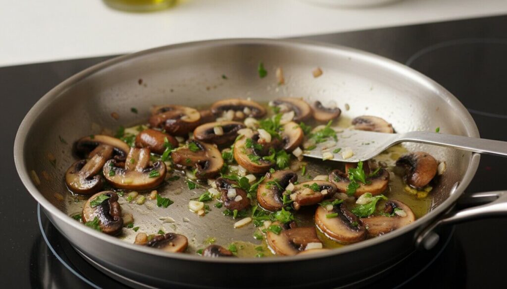 Sautéing mushrooms and shallots in a pan with olive oil and herbs.