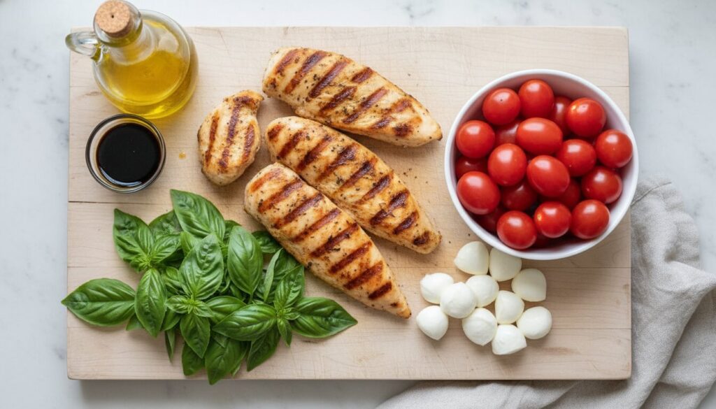 Ingredients for easy chicken flatbread recipe including tomatoes, basil, and cheese.