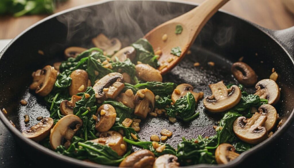 Sautéing mushrooms and spinach in a skillet for Mediterranean flatbread.