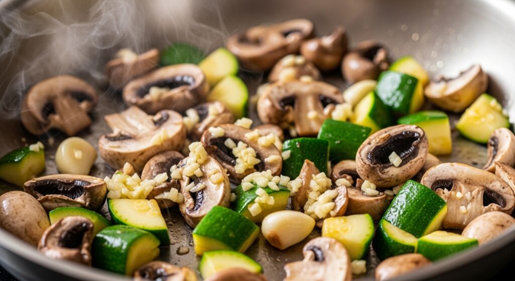 Sautéing fresh zucchini and mushrooms in a pan with olive oil.