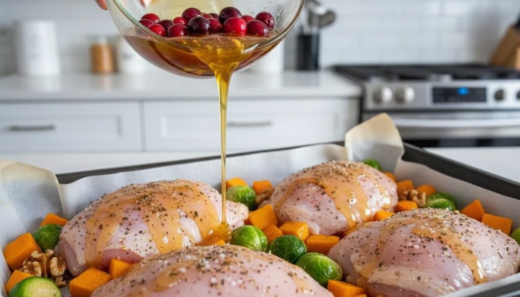 Pouring honey cranberry glaze over raw chicken thighs.