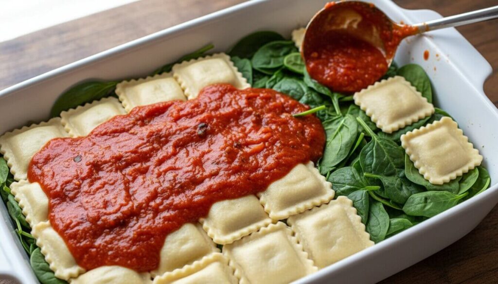 Step-by-step layering of ravioli, fresh spinach, and tomato sauce in a baking dish.