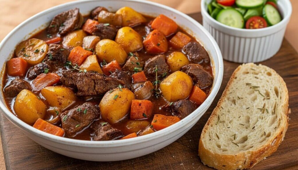 Classic Beef Stew served with crusty bread and a side salad.