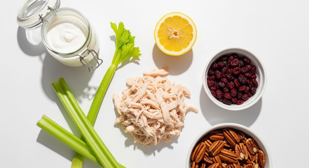Ingredients for Mediterranean chicken salad including chicken, cranberries, and pecans.