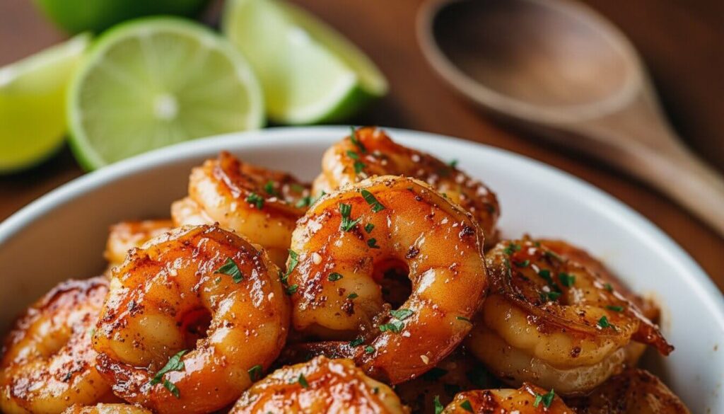 Close up of caramelized honey lime shrimp with garlic and spices.