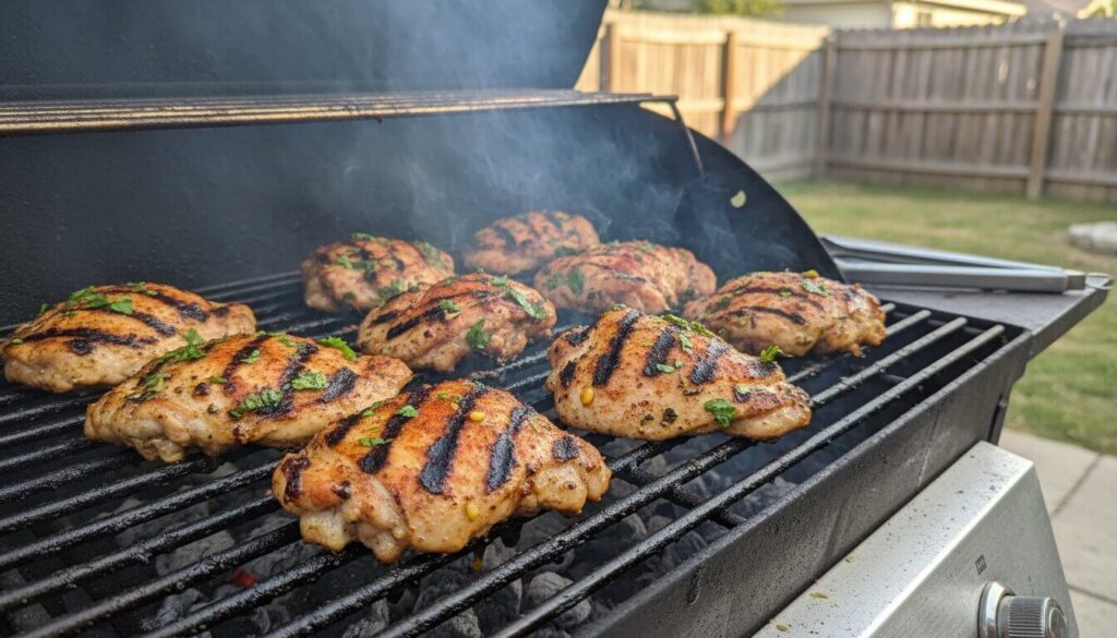 Juicy grilled chicken thighs with char marks.