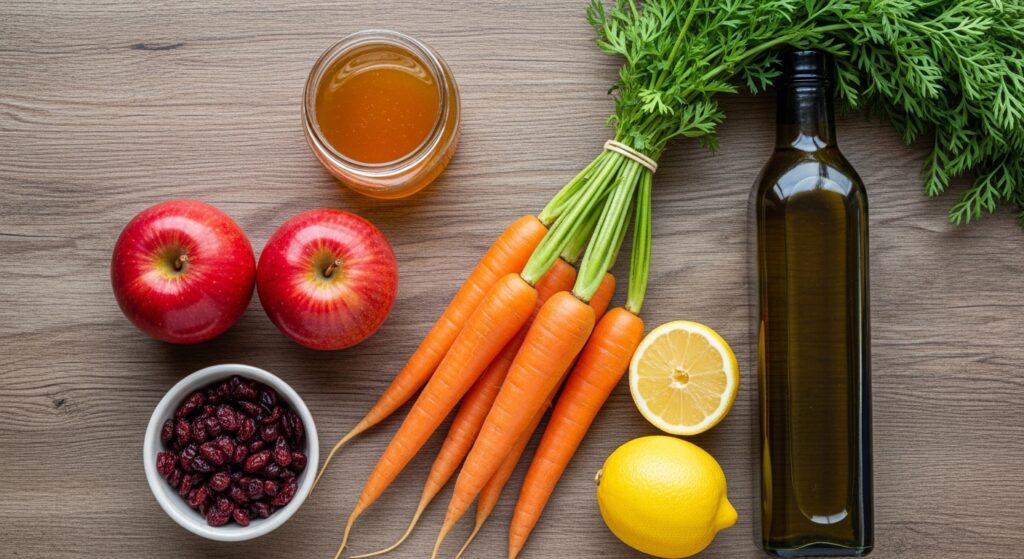 Fresh ingredients for apple carrot salad recipe including carrots, apples, and lemon.