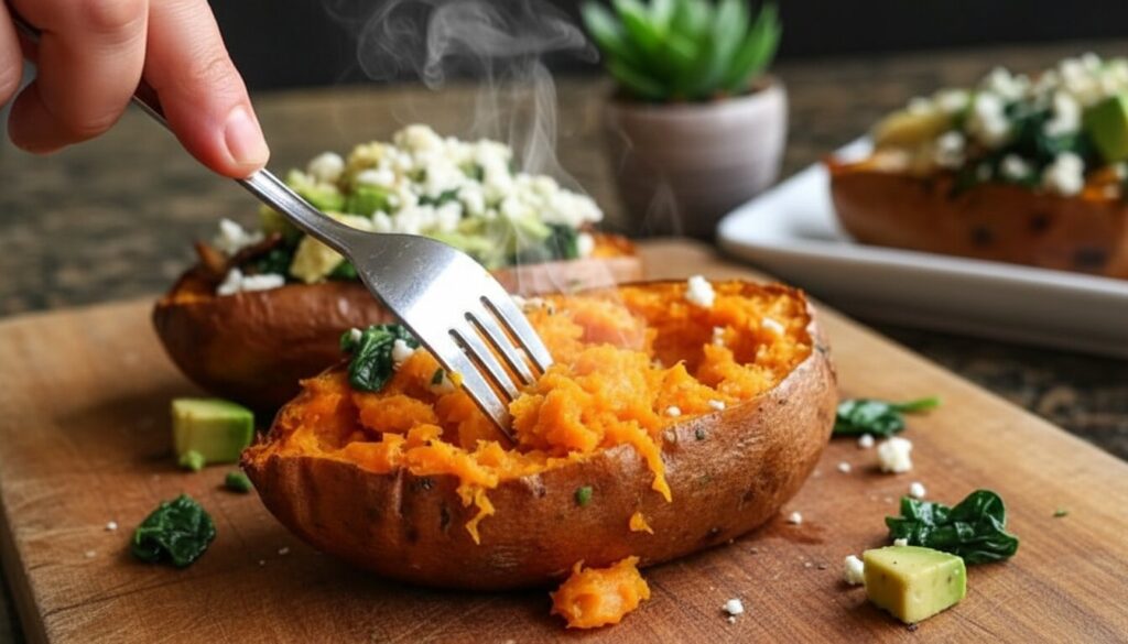 Step-by-step process of preparing a veggie stuffed sweet potato recipe.