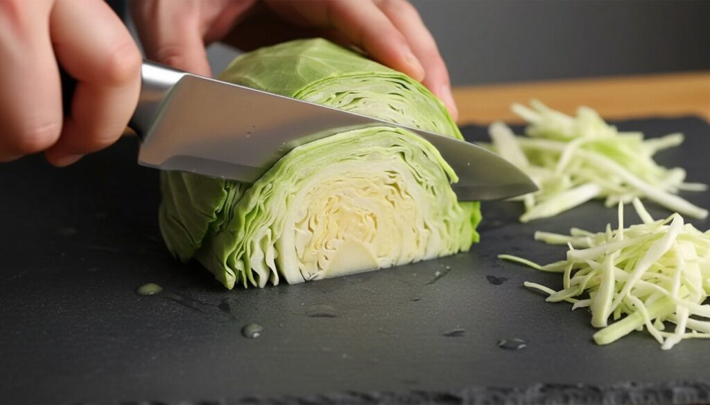 Hands slicing green cabbage thinly on a cutting board.