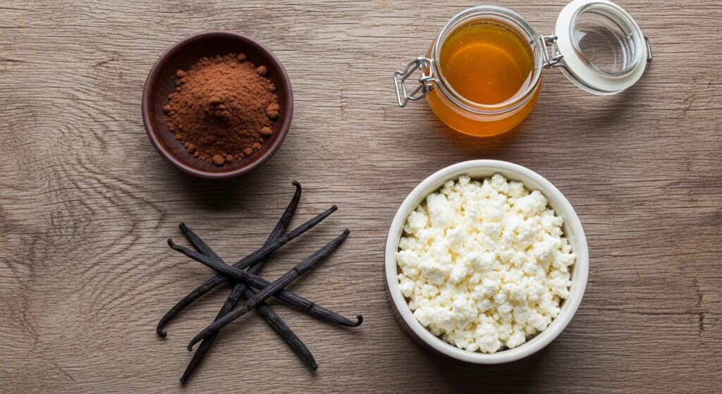 Ingredients for healthy chocolate mousse including cottage cheese, cocoa, and honey.