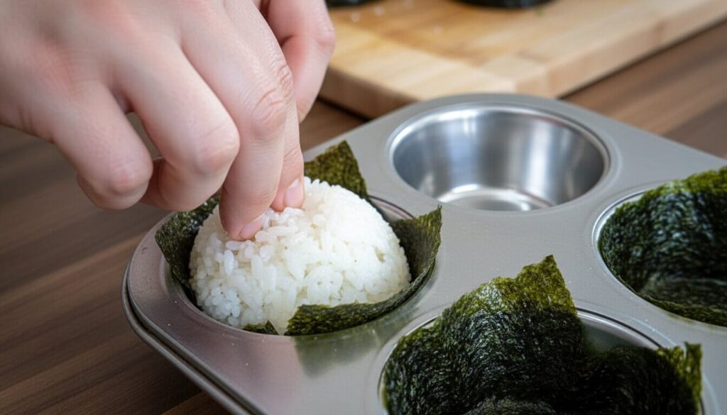 Putting nori and sushi rice into a muffin tin.