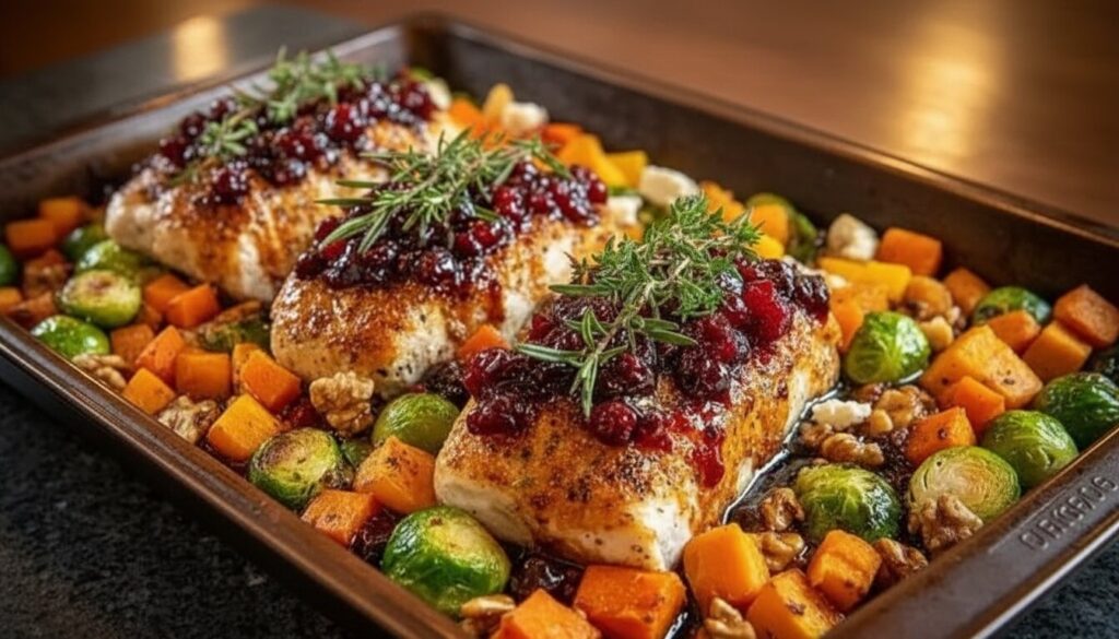 Mediterranean Honey Cranberry Chicken Bake in a ceramic baking dish with fresh herbs.