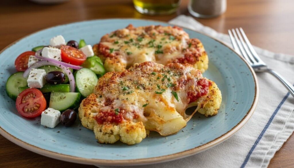 Plated Mediterranean Cauliflower Parmesan Steaks with a side salad.