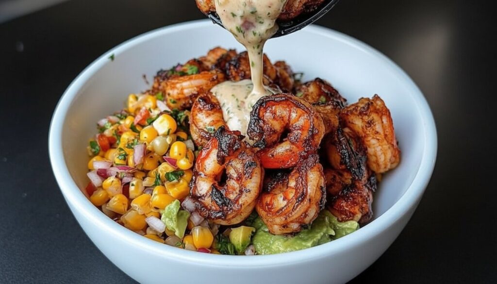 A healthy grilled shrimp avocado bowl with quinoa, corn salsa, and fresh Mediterranean vegetables.